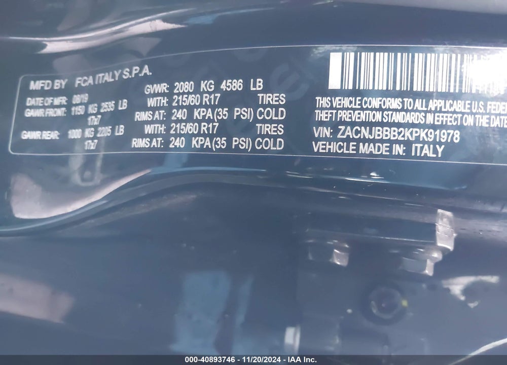 2019 JEEP RENEGADE ALTITUDE 4X4 VIN: ZACNJBBB2KPK91978
