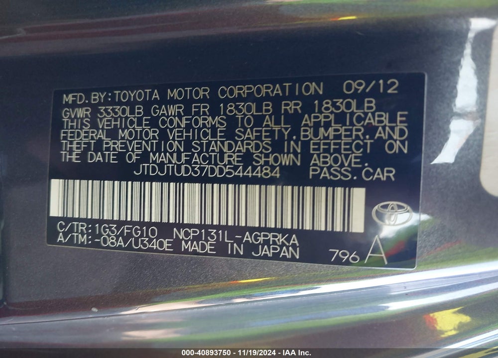 2013 TOYOTA YARIS L VIN: JTDJTUD37DD544484