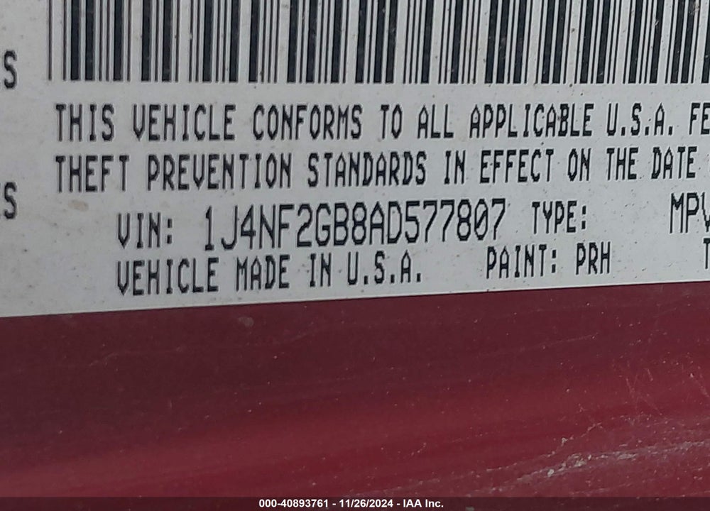 2010 JEEP PATRIOT SPORT VIN: 1J4NF2GB8AD577807