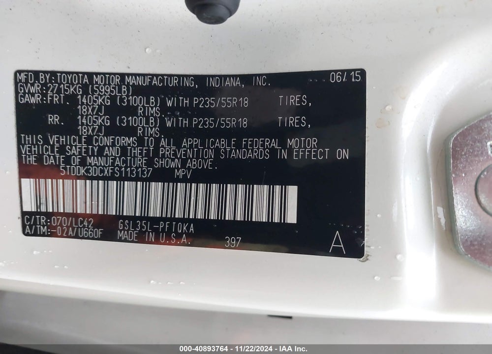 2015 TOYOTA SIENNA XLE LIMITED VIN: 5TDDK3DCXFS113137