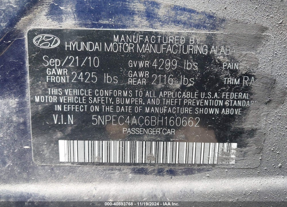 2011 HYUNDAI SONATA SE VIN: 5NPEC4AC6BH160662