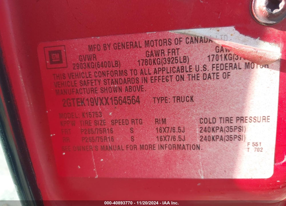 1999 GMC SIERRA 1500 SLE VIN: 2GTEK19VXX1564564