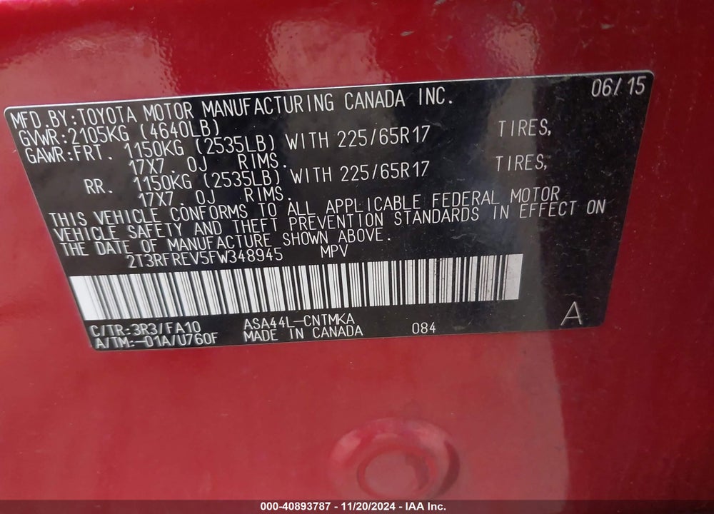 2015 TOYOTA RAV4 XLE VIN: 2T3RFREV5FW348945