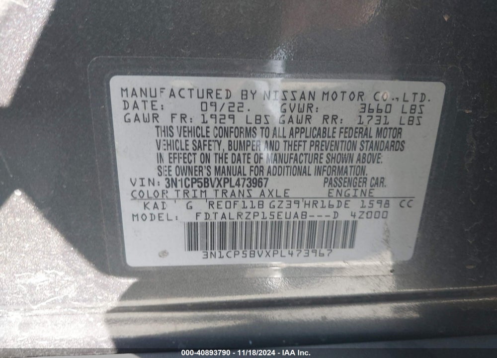 2023 NISSAN KICKS S XTRONIC CVT VIN: 3N1CP5BVXPL473967