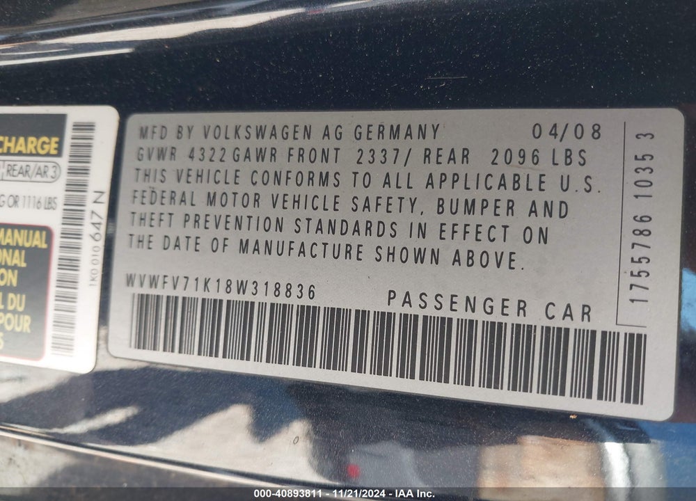 2008 VOLKSWAGEN GTI 2-DOOR VIN: WVWFV71K18W318836