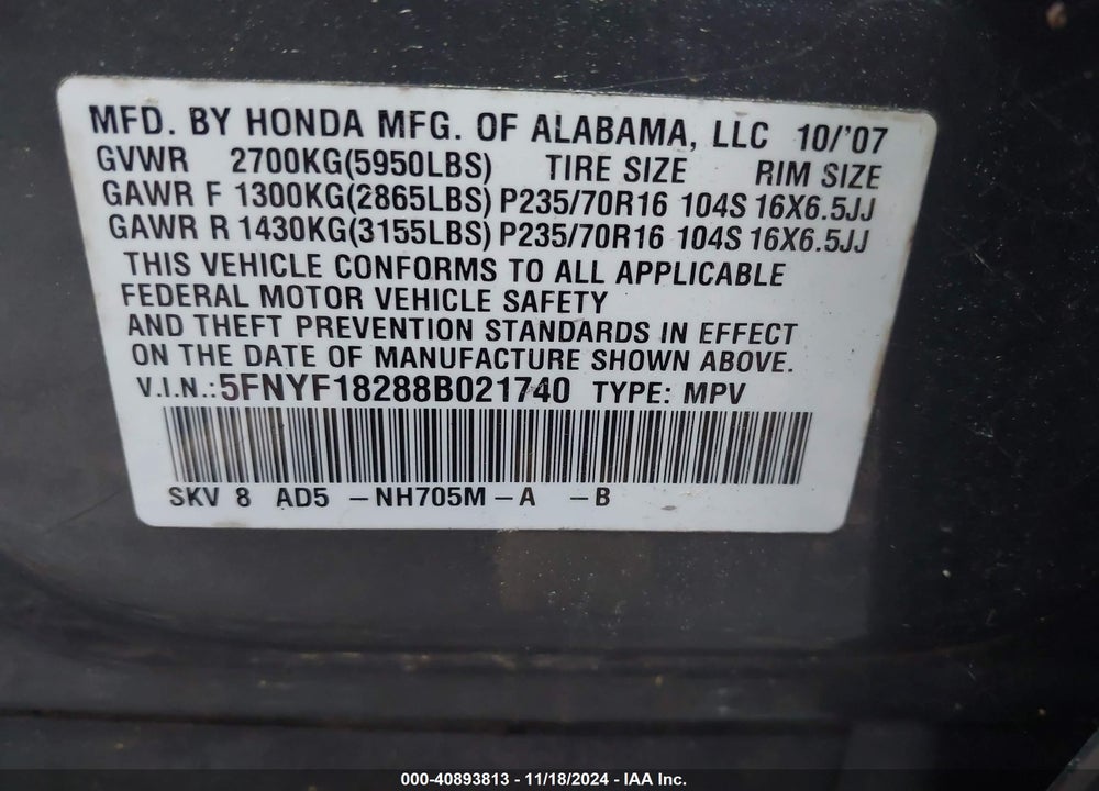 2008 HONDA PILOT VP VIN: 5FNYF18288B021740