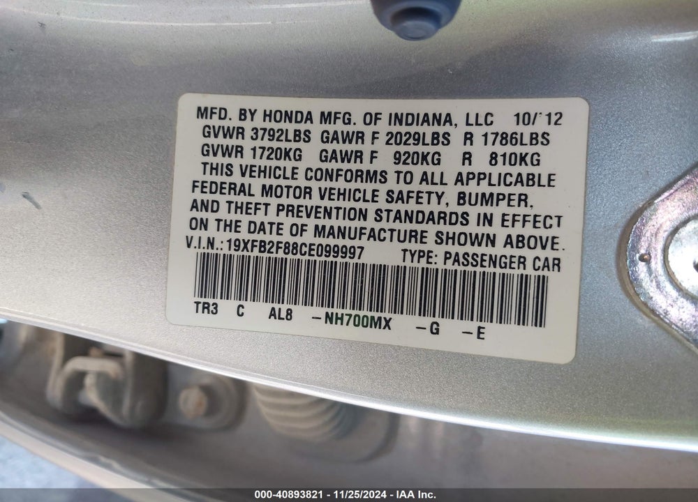 2012 HONDA CIVIC EX VIN: 19XFB2F88CE099997