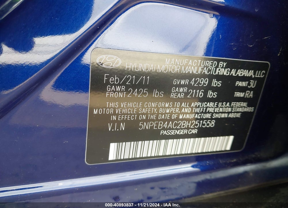 2011 HYUNDAI SONATA GLS VIN: 5NPEB4AC2BH251558