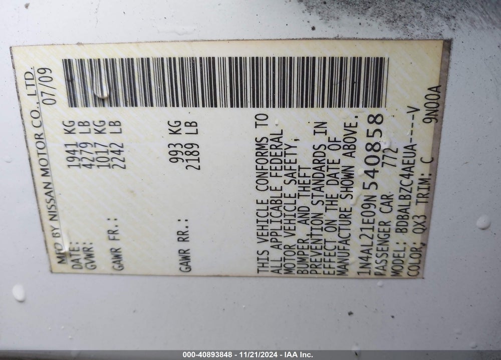 2009 NISSAN ALTIMA 2.5 S VIN: 1N4AL21E09N540858