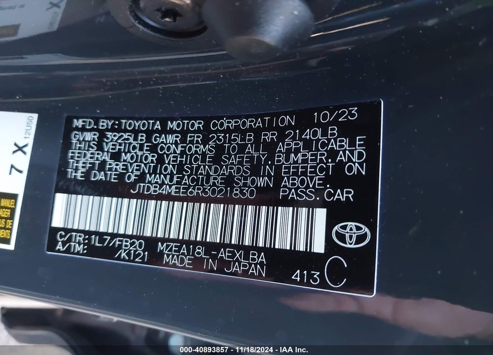 2024 TOYOTA COROLLA LE VIN: JTDB4MEE6R3021830