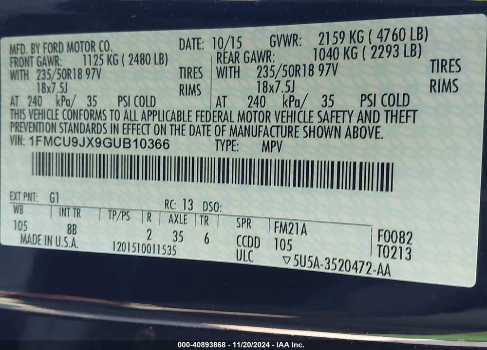 2016 FORD ESCAPE TITANIUM VIN: 1FMCU9JX9GUB10366