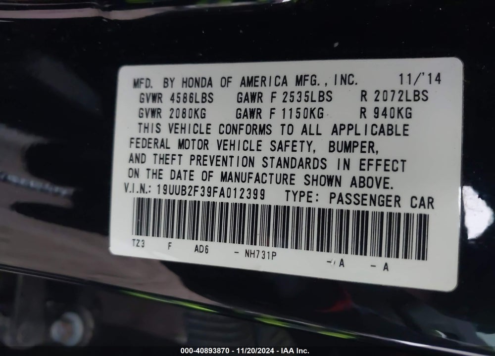 2015 ACURA TLX V6 VIN: 19UUB2F39FA012399