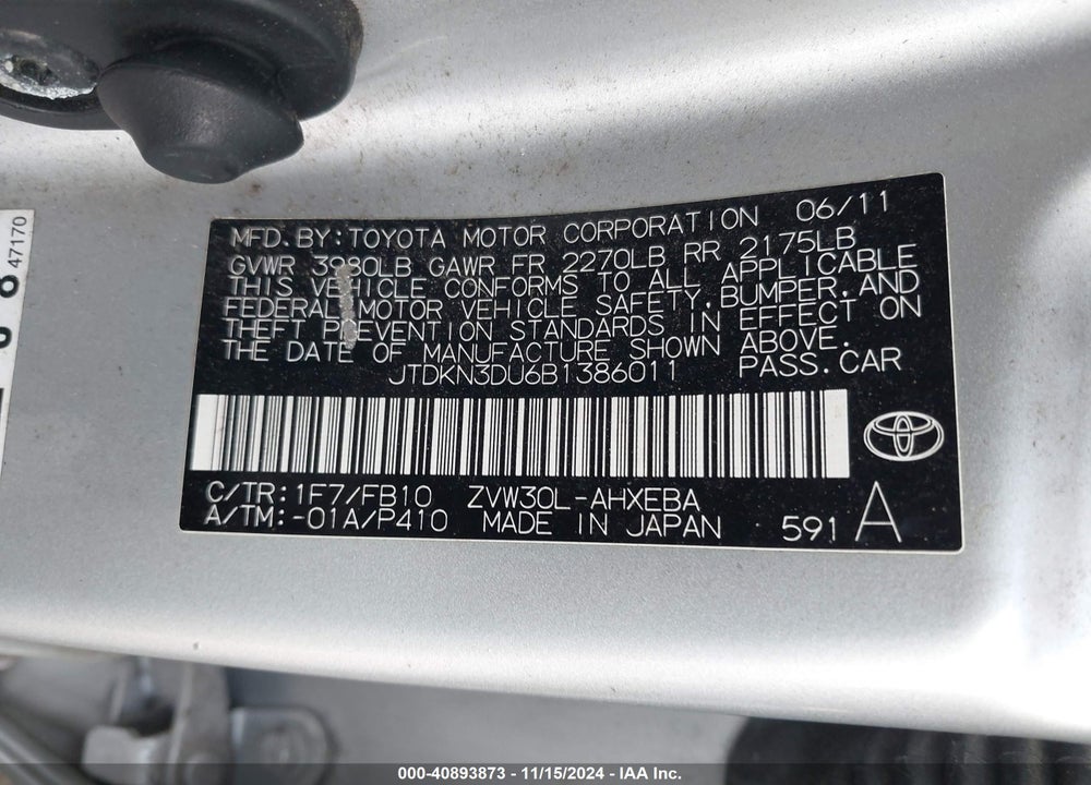 2011 TOYOTA PRIUS THREE VIN: JTDKN3DU6B1386011
