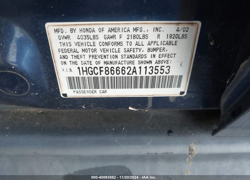 2002 HONDA ACCORD 2.3 VP VIN: 1HGCF86662A113553