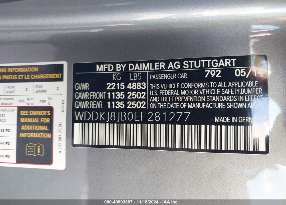 2014 MERCEDES-BENZ E 350 VIN: WDDKJ8JB0EF281277