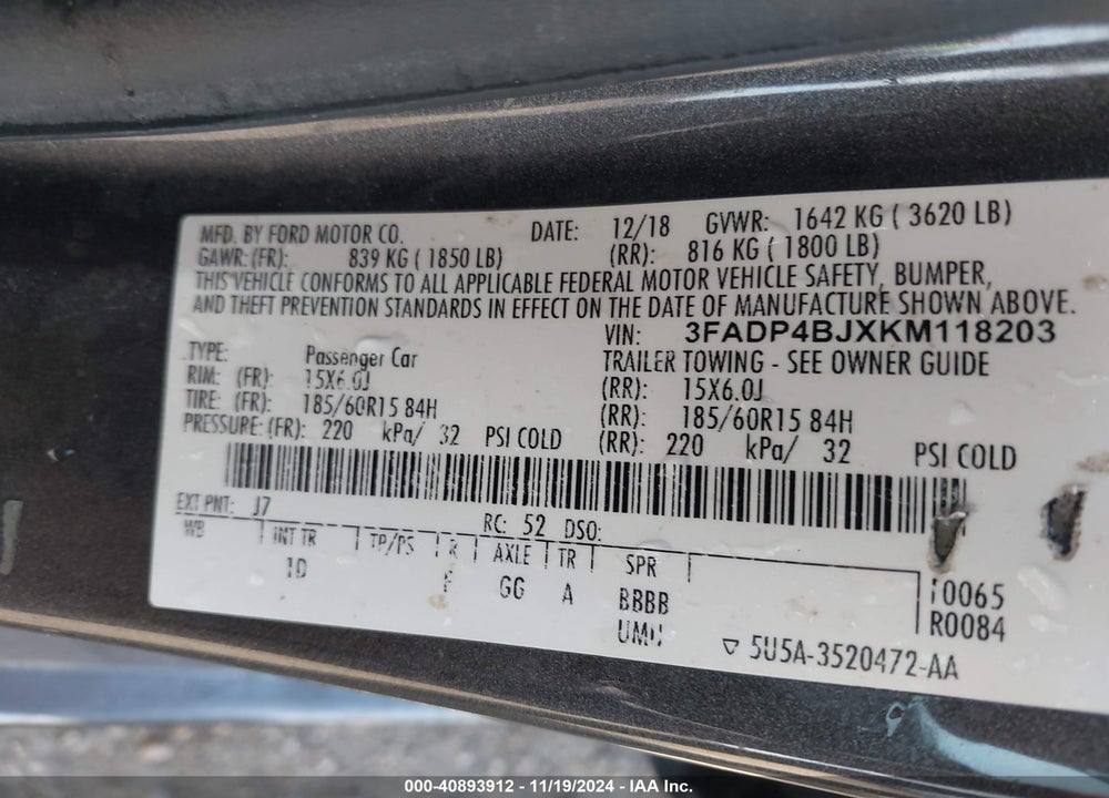 2019 FORD FIESTA SE VIN: 3FADP4BJXKM118203
