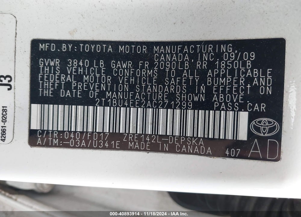 2010 TOYOTA COROLLA S VIN: 2T1BU4EE2AC271299