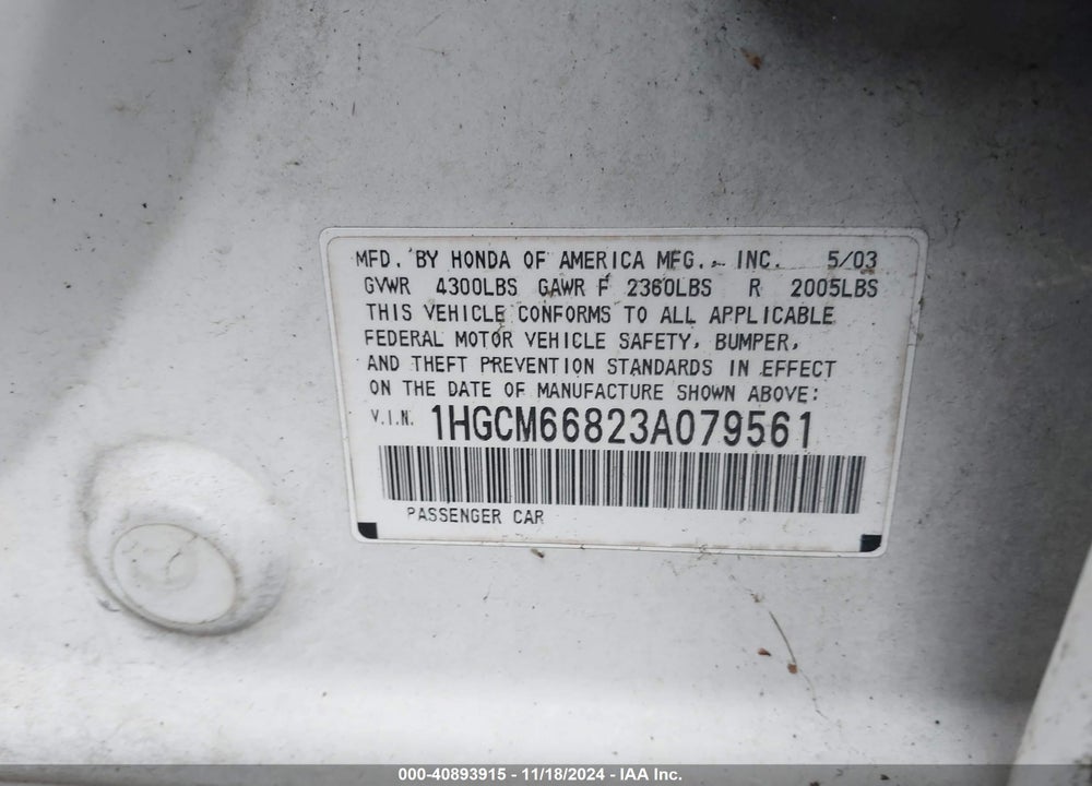 2003 HONDA ACCORD 3.0 EX VIN: 1HGCM66823A079561