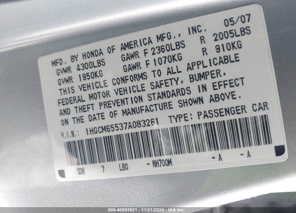 2007 HONDA ACCORD 3.0 EX VIN: 1HGCM65537A083261
