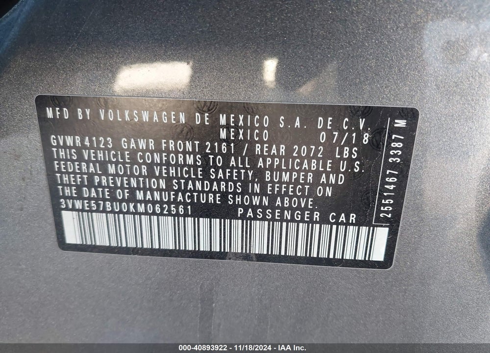 2019 VOLKSWAGEN JETTA SEL VIN: 3VWE57BU0KM062561