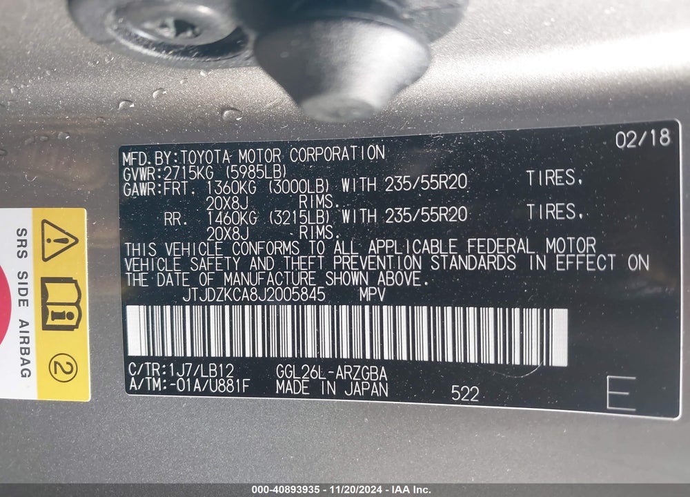 2018 LEXUS RX 350L PREMIUM VIN: JTJDZKCA8J2005845