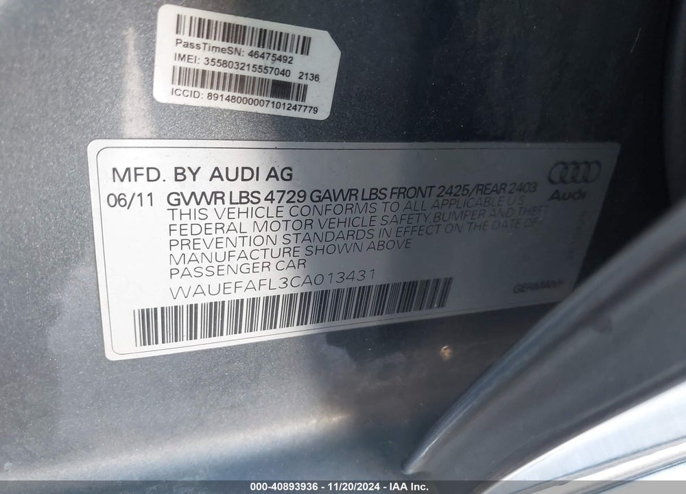 2012 AUDI A4 2.0T PREMIUM VIN: WAUEFAFL3CA013431