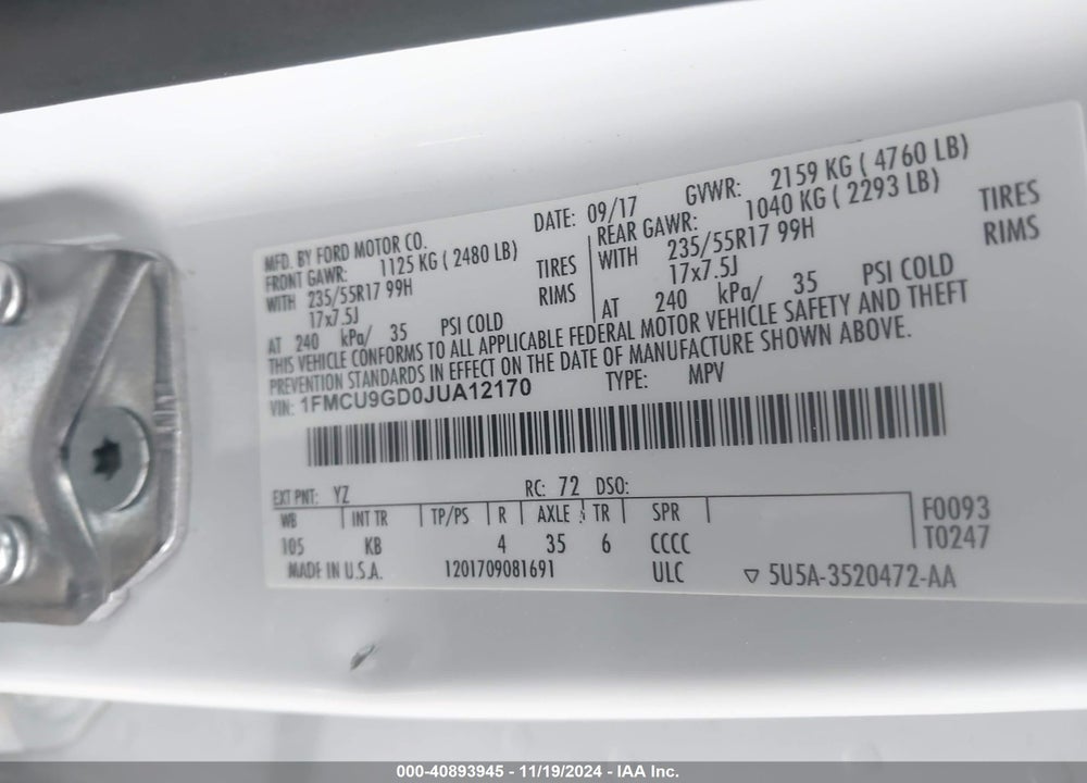 2018 FORD ESCAPE SE VIN: 1FMCU9GD0JUA12170