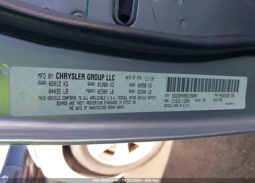 2011 DODGE CALIBER MAINSTREET VIN: 1B3CB3HA9BD126084