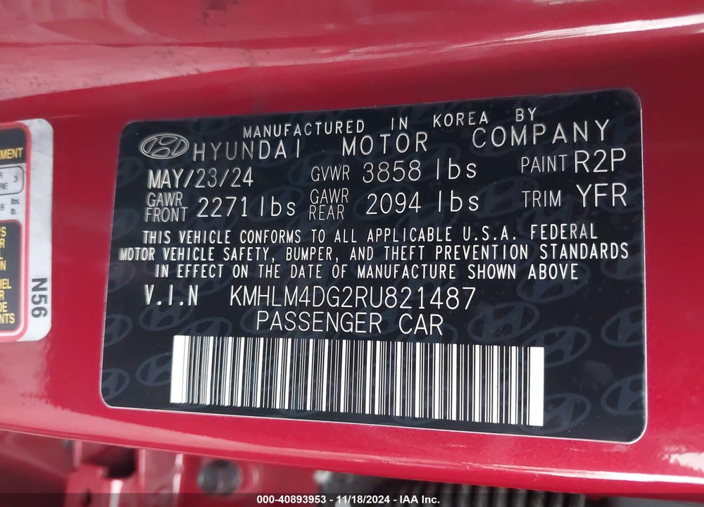 2024 HYUNDAI ELANTRA SEL VIN: KMHLM4DG2RU821487