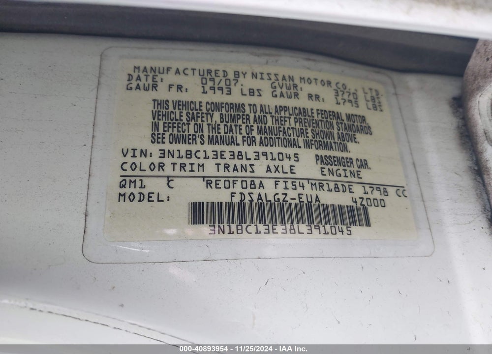 2008 NISSAN VERSA 1.8SL VIN: 3N1BC13E38L391045
