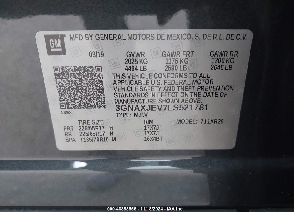 2020 CHEVROLET EQUINOX FWD 2FL VIN: 3GNAXJEV7LS521781