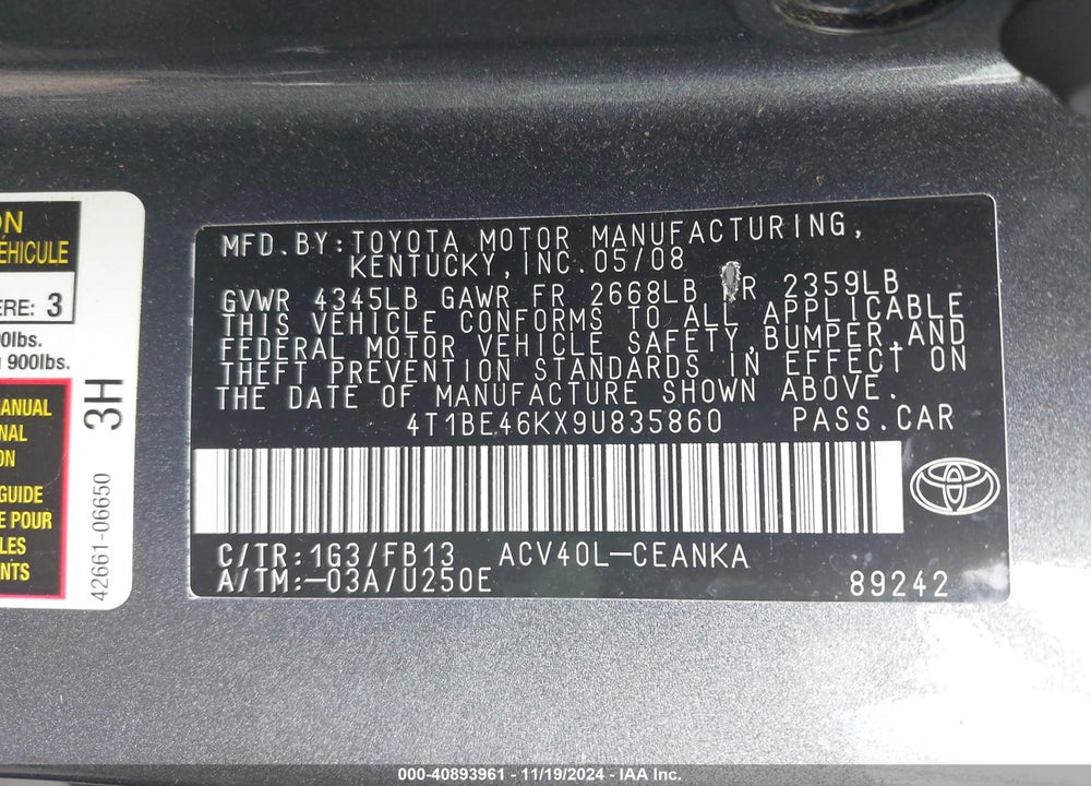 2009 TOYOTA CAMRY LE VIN: 4T1BE46KX9U835860