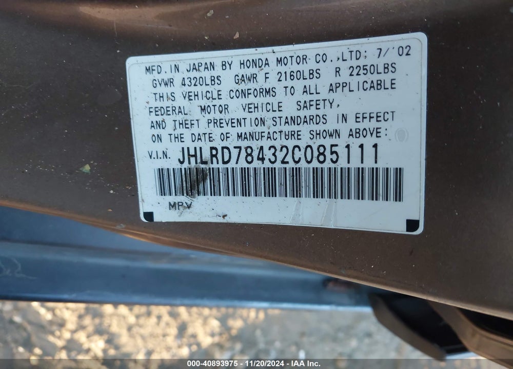 2002 HONDA CR-V LX VIN: JHLRD78432C085111