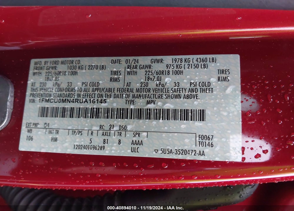 2024 FORD ESCAPE ST LINE VIN: 1FMCU0MN4RUA16145