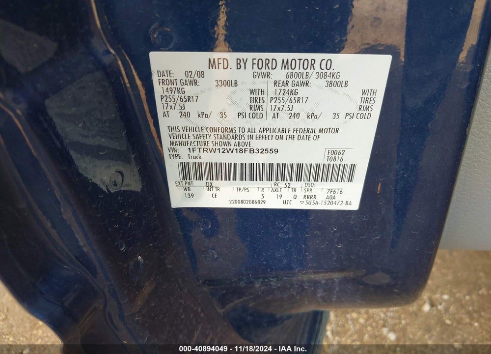 2008 FORD F-150 XL VIN: 1FTRW12W18FB32559