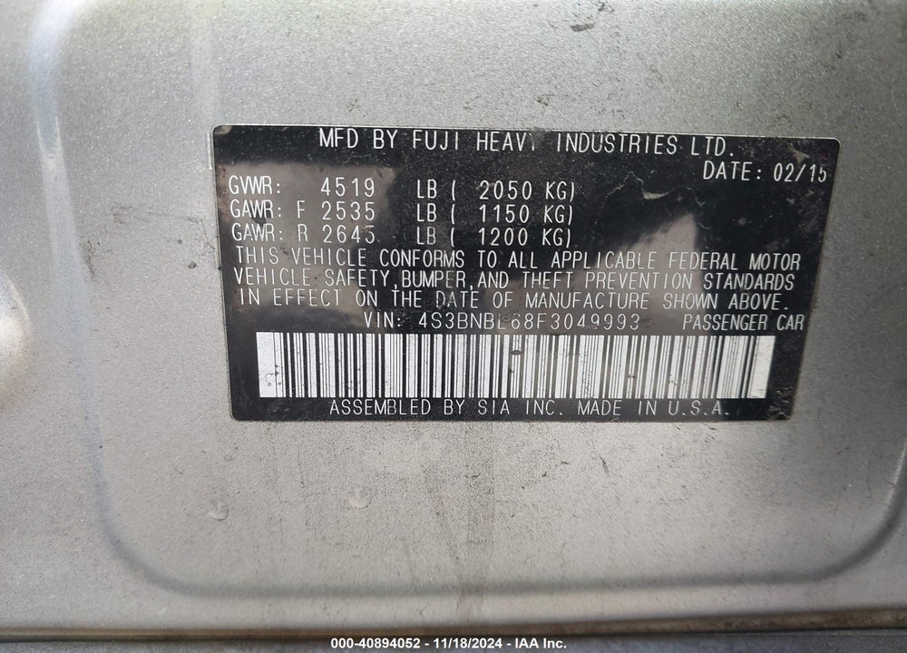 2015 SUBARU LEGACY 2.5I LIMITED VIN: 4S3BNBL68F3049993