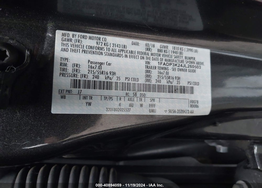 2018 FORD FOCUS SE VIN: 1FADP3K24JL260503