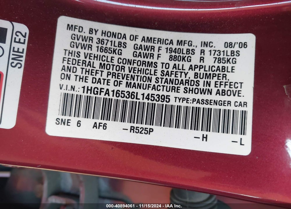 2006 HONDA CIVIC LX VIN: 1HGFA16536L145395