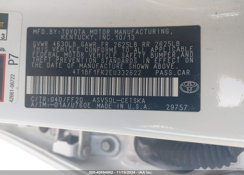 2014 TOYOTA CAMRY SE VIN: 4T1BF1FK2EU332622