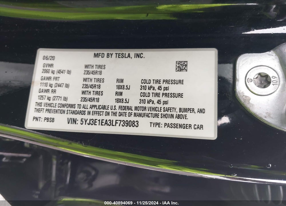 2020 TESLA MODEL 3 STANDARD RANGE PLUS REAR-WHEEL DRIVE/STANDARD RANGE REAR-WHEEL DRIVE VIN: 5YJ3E1EA3LF739083