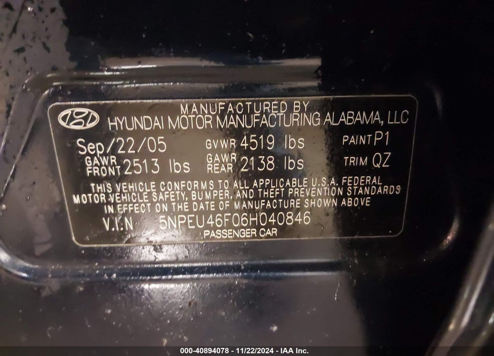 2006 HYUNDAI SONATA GLS V6/LX V6 VIN: 5NPEU46F06H040846
