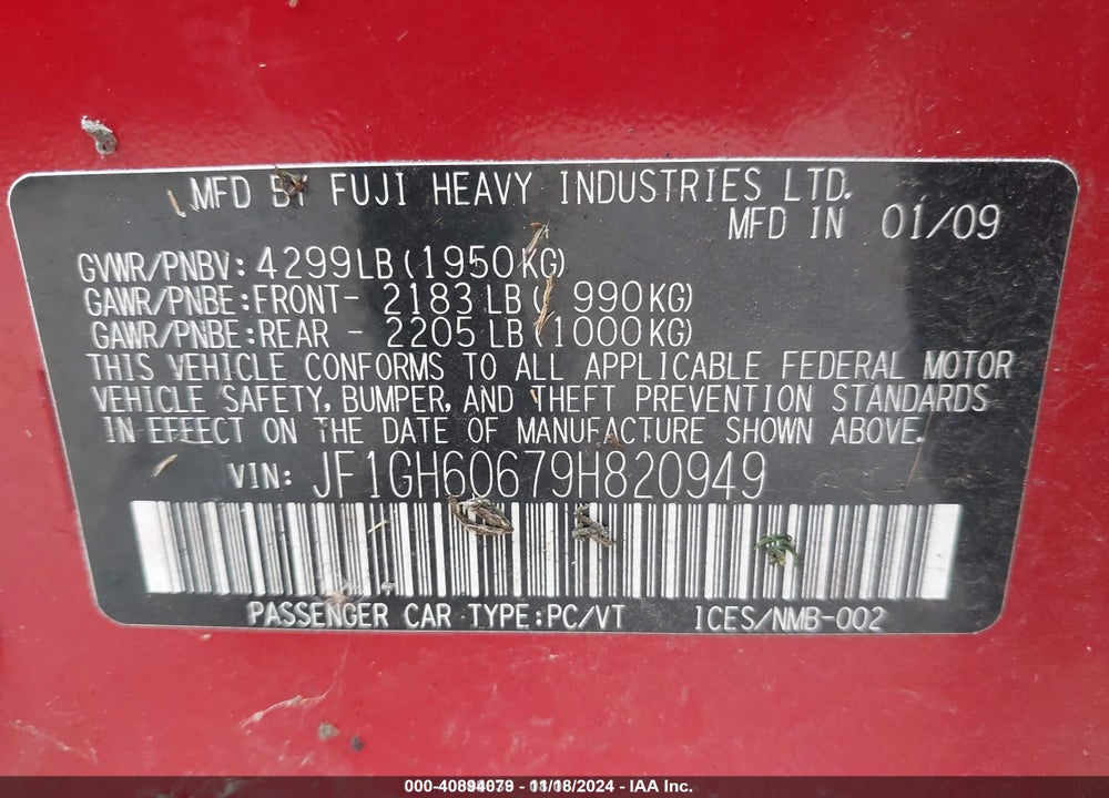 2009 SUBARU IMPREZA 2.5I VIN: JF1GH60679H820949