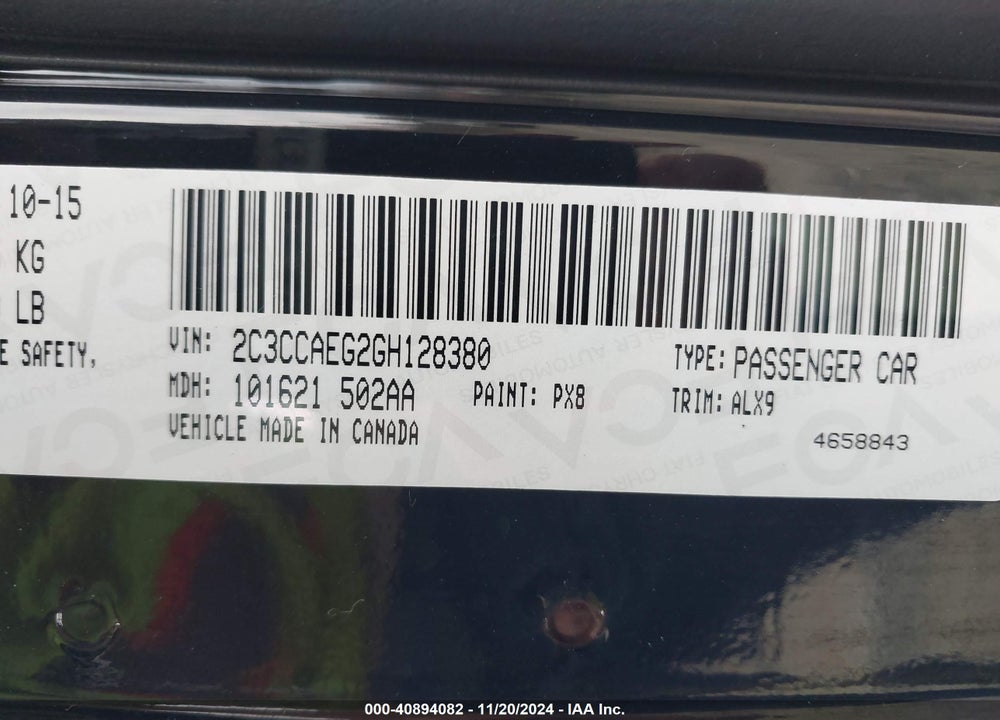 2016 CHRYSLER 300C VIN: 2C3CCAEG2GH128380