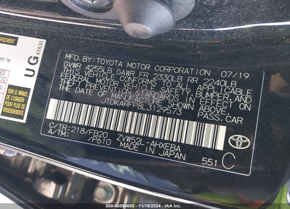 2020 TOYOTA PRIUS PRIME LE VIN: JTDKARFP8L3129573