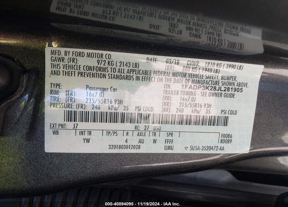2018 FORD FOCUS SE VIN: 1FADP3K28JL281905