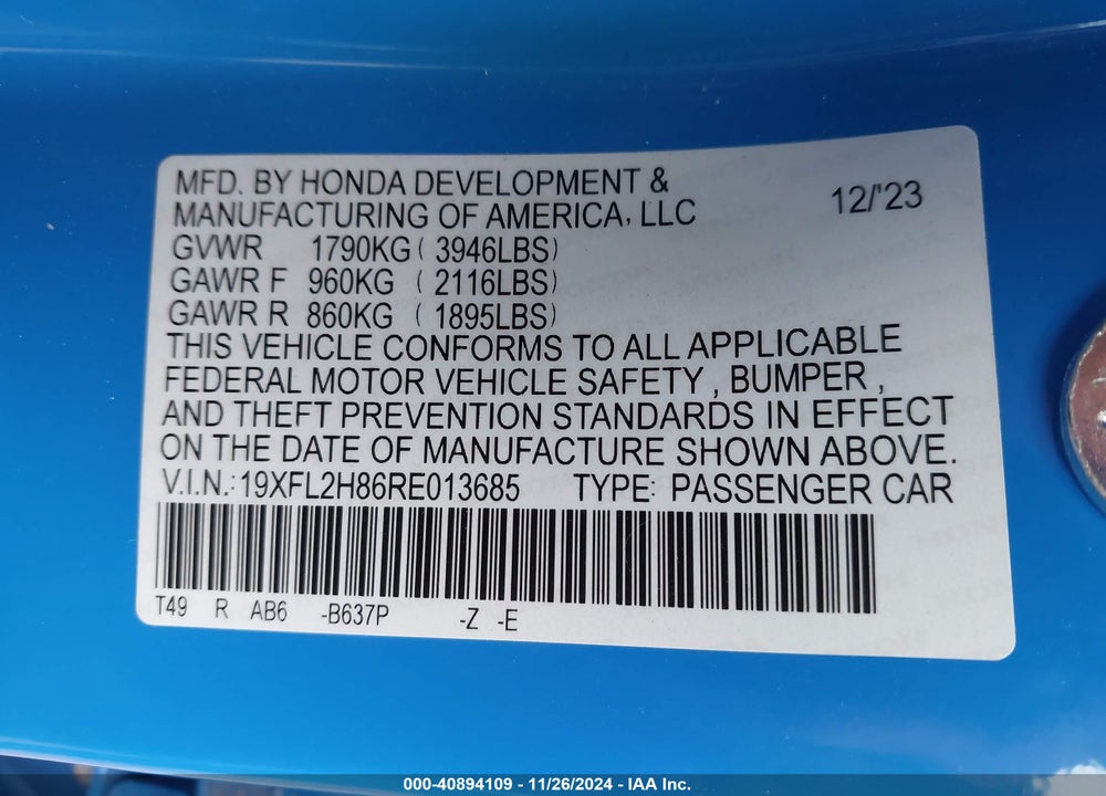 2024 HONDA CIVIC VIN: 19XFL2H86RE013685