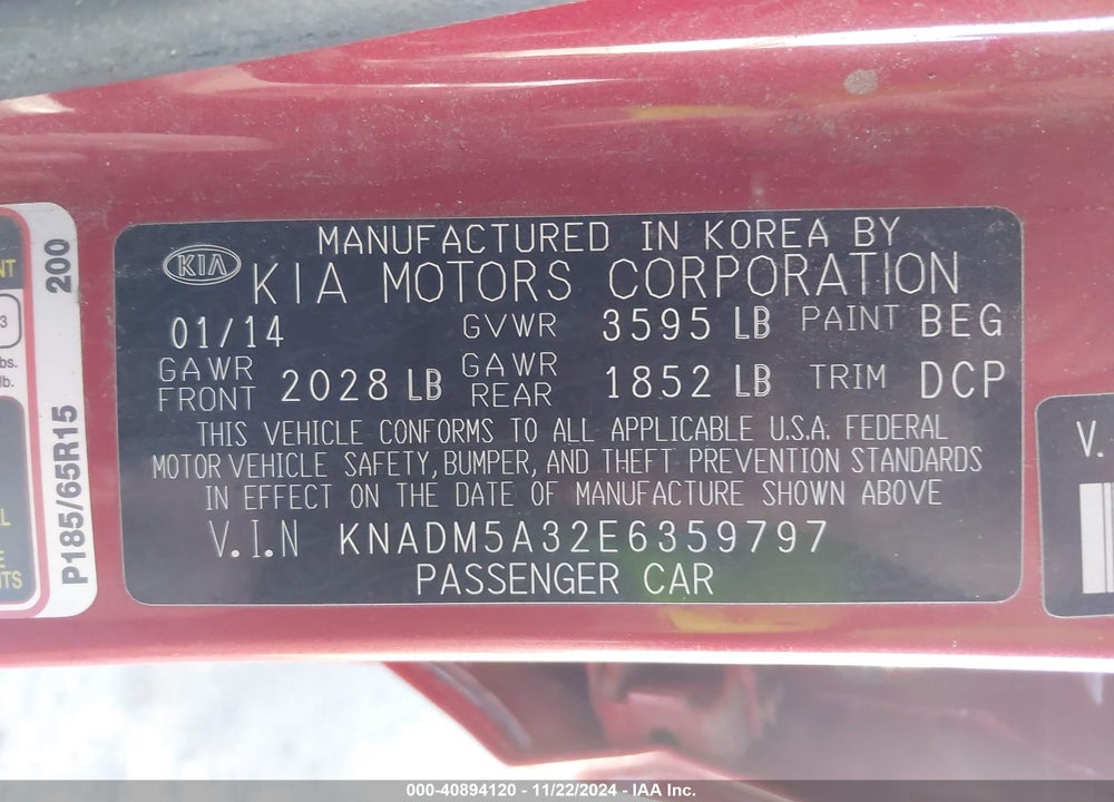 2014 KIA RIO LX VIN: KNADM5A32E6359797