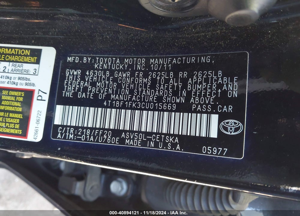 2012 TOYOTA CAMRY SE VIN: 4T1BF1FK3CU015669