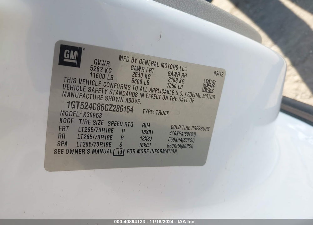 2012 GMC SIERRA 3500HD SLT VIN: 1GT524C86CZ286154