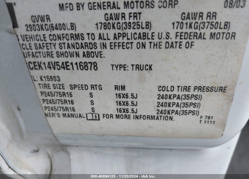 2004 CHEVROLET SILVERADO 1500 WORK TRUCK VIN: 1GCEK14V54E116878
